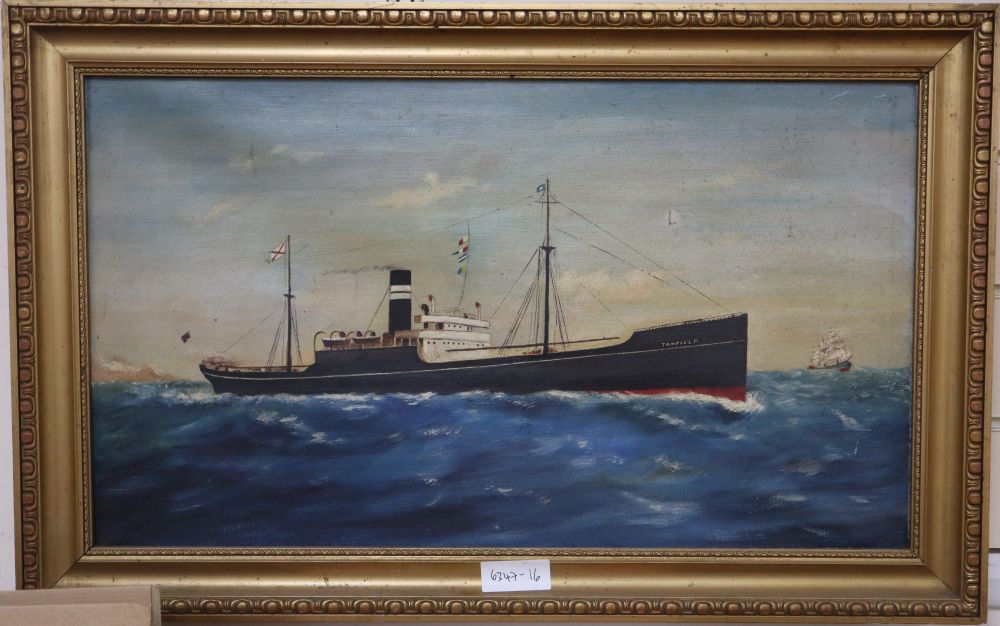 English School, oil on canvas, Portrait of the steamer Tanfield, 34 x 60cm